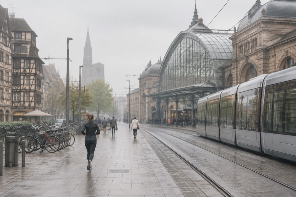 A modern tram passing half-timbered buildings on a city street