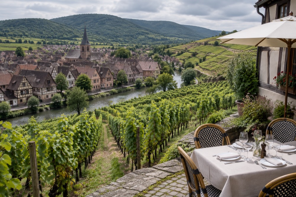 A table set for lunch outside a half-timbered restaurant in a village square