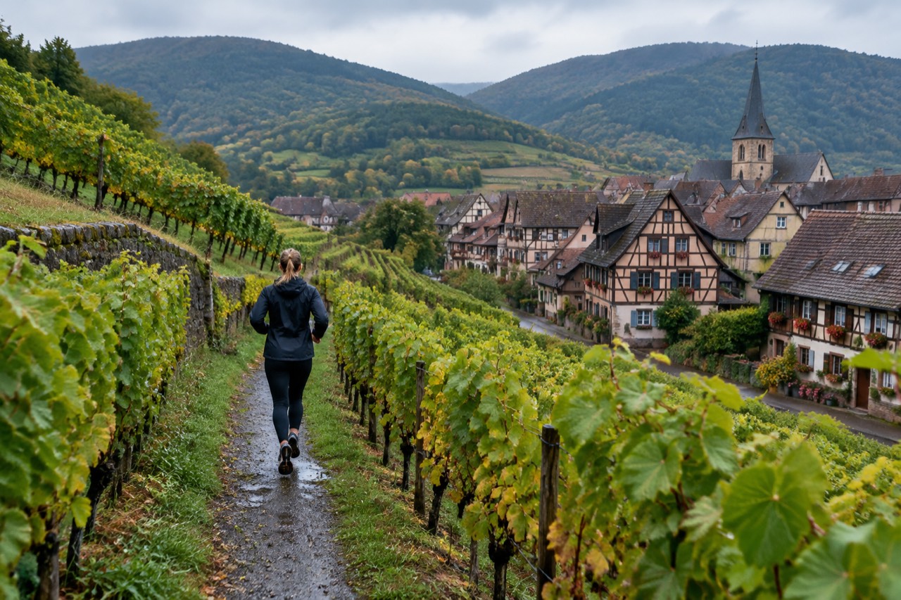 Half-timbered houses with flower boxes along a narrow village street in Alsace
