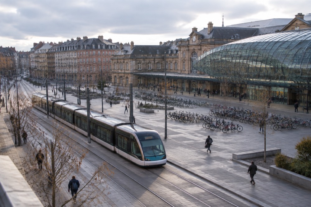 A modern tram passing old buildings on a city street