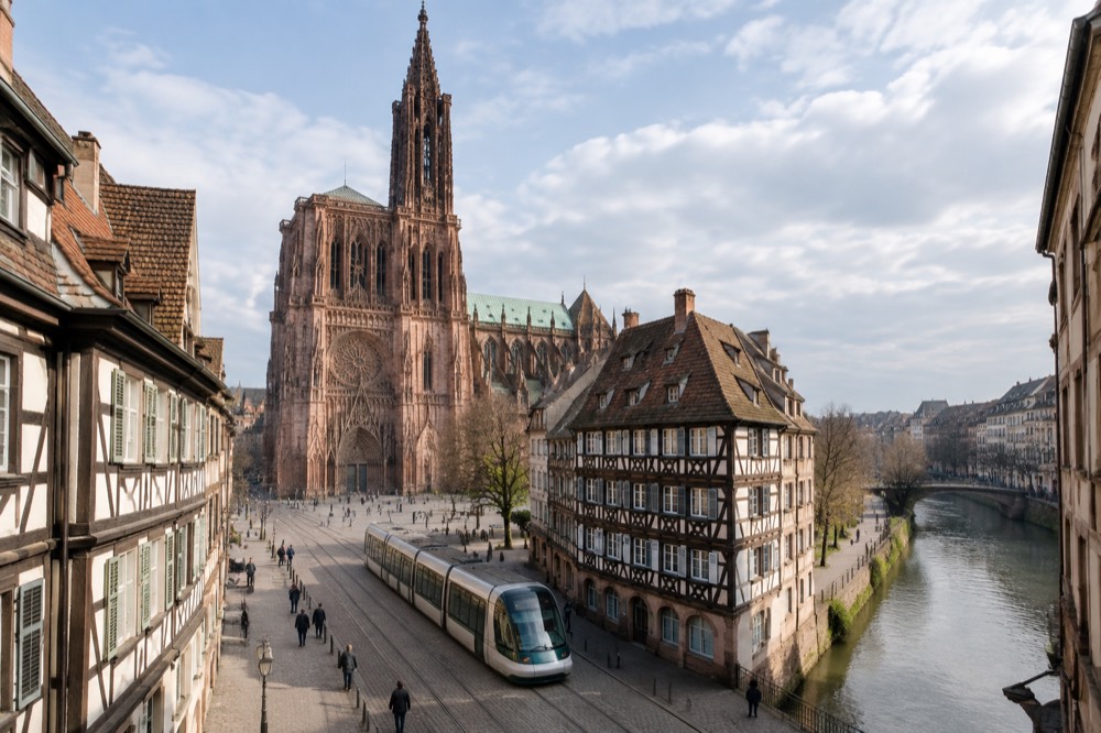 A tram gliding along a reserved track past old buildings in Strasbourg