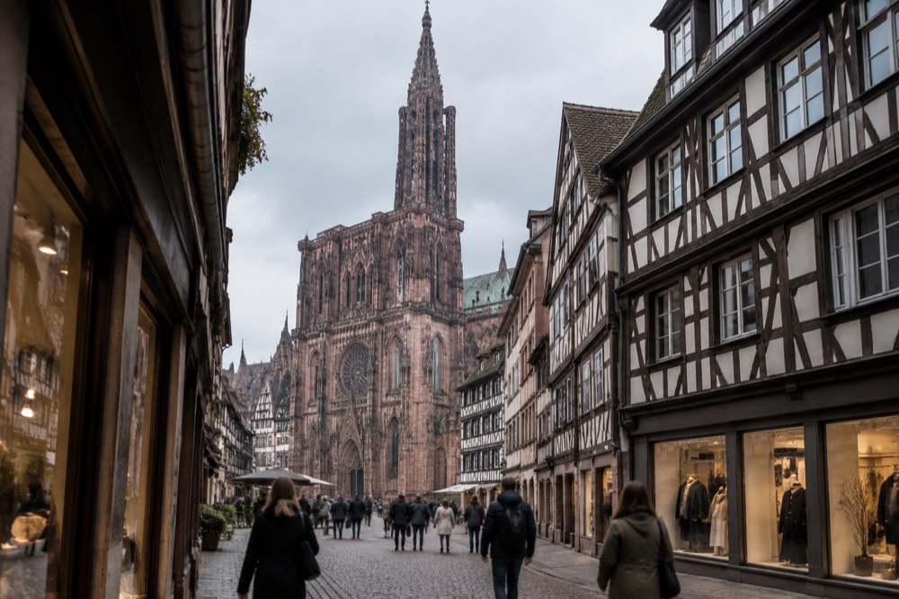 Shoppers walking past shopfronts on a narrow street in the historic centre of Strasbourg