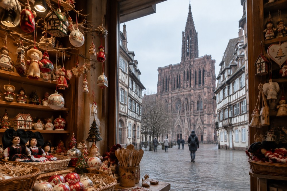 A gift shop interior in Strasbourg displaying Alsatian crafts and Christmas ornaments