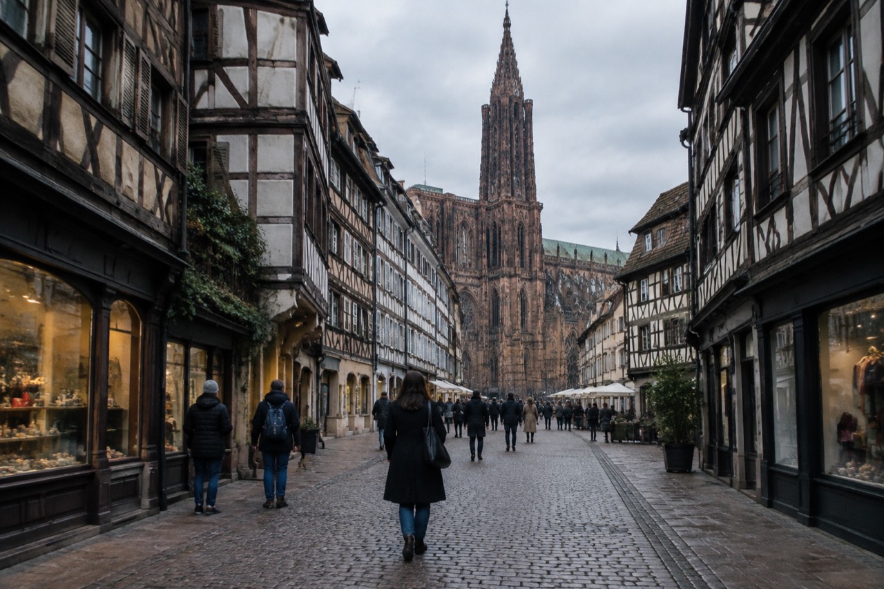 A shopping street in central Strasbourg with half-timbered buildings and pedestrians browsing shopfronts