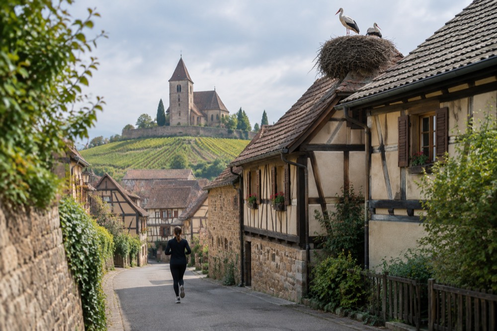 White storks standing on a large twig nest on the roof of a half-timbered Alsatian farmhouse