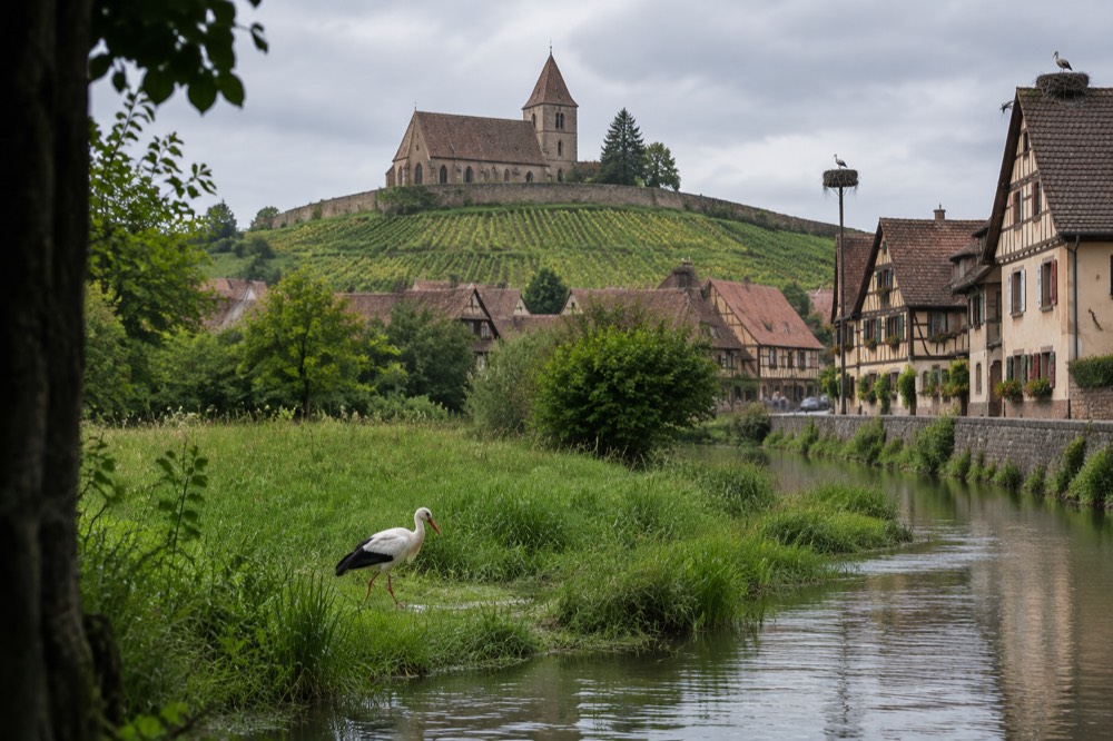 A white stork wading through a wet riverside meadow with tall grass