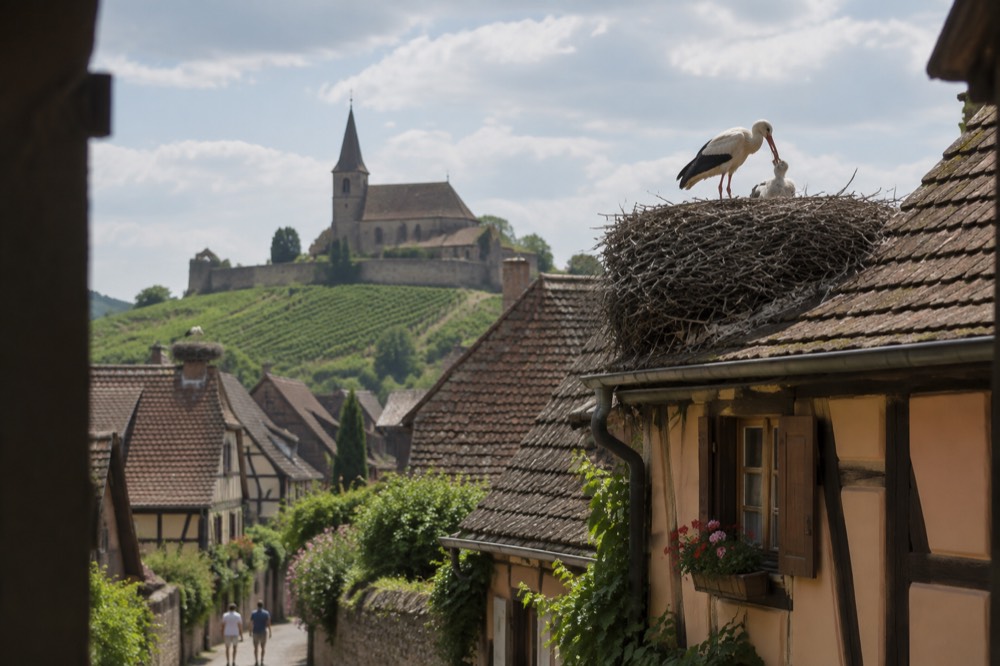 An adult white stork feeding a chick on a rooftop nest under a summer sky