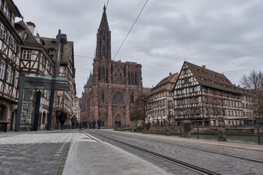 Tram tracks and level platform edge at a modern Strasbourg tram stop