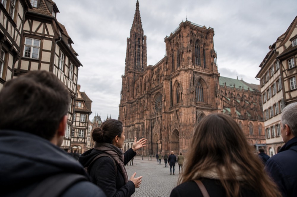 Guide addressing a small group on a Strasbourg square beside the cathedral