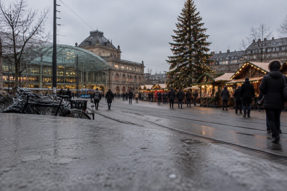A Christmas market square with a tall decorated tree and timbered stalls glowing at dusk