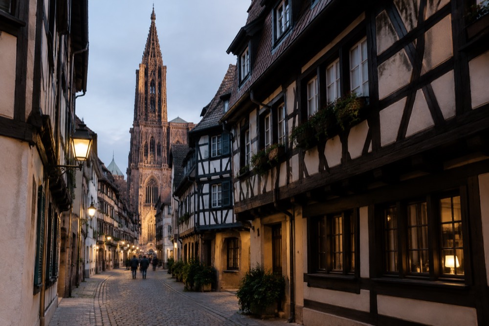 A narrow lit lane in the old town of Strasbourg with half-timbered facades in the evening