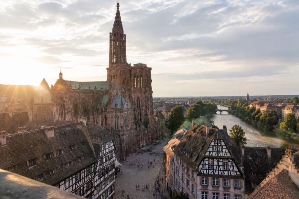 Evening light over the Ill river and the old quarter of Strasbourg in summer