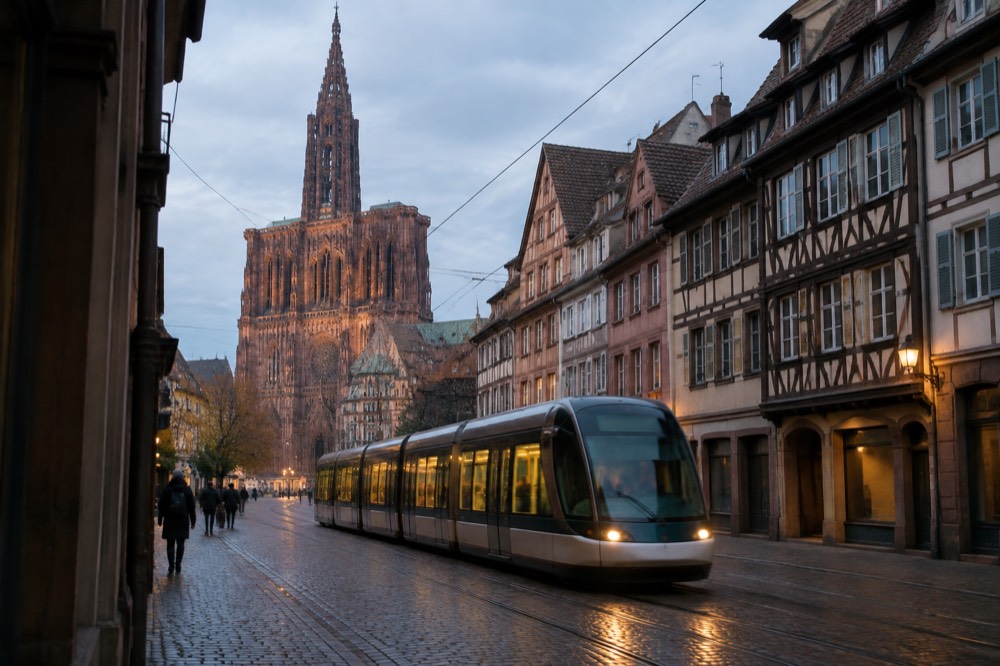 A lit tram moving through an evening street in central Strasbourg