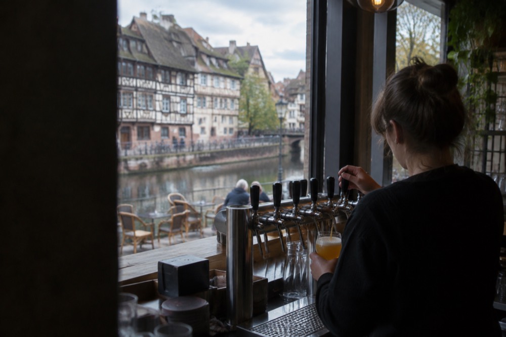Craft beer taps in a modern bar in the Krutenau quarter of Strasbourg