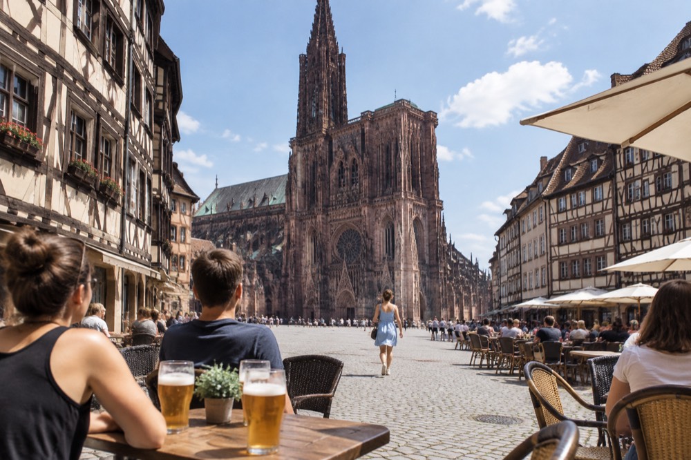 A sunny terrace with beer glasses on a square in Strasbourg in summer