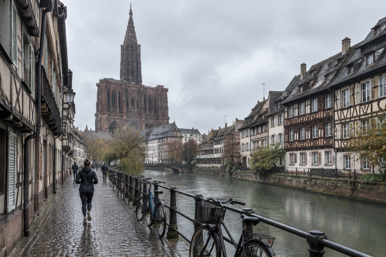 Bicycles parked beside a canal in the half-timbered old quarter of Strasbourg