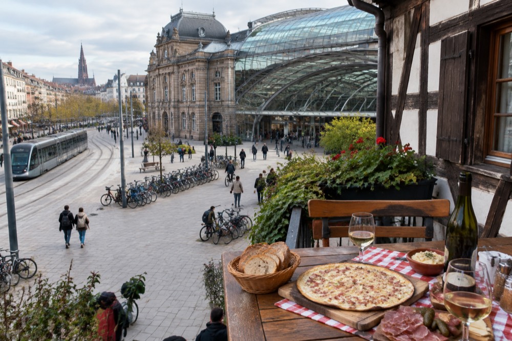 A table of Alsatian food and wine set outside a half-timbered restaurant
