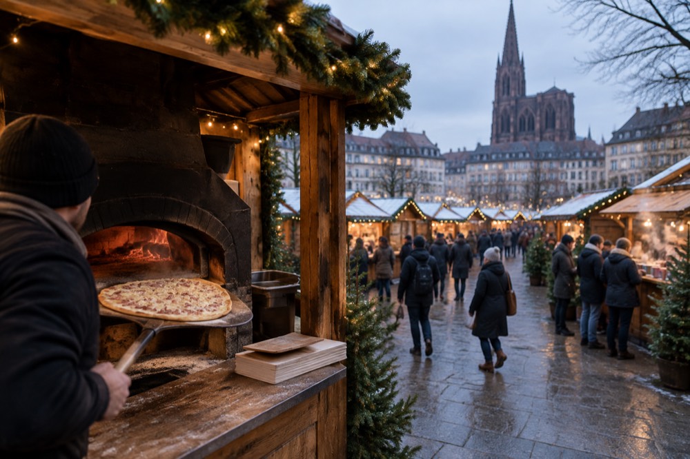 A tarte flambée being slid from a wood-fired oven at a market chalet