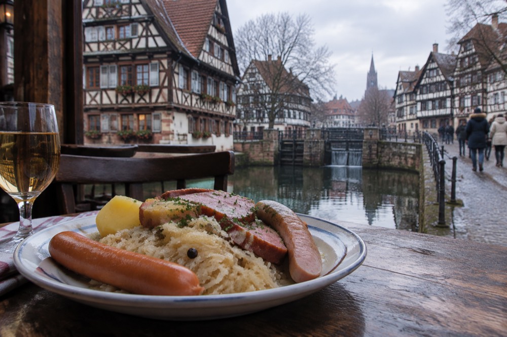 A plated choucroute garnie with sausages and sauerkraut on a winstub table