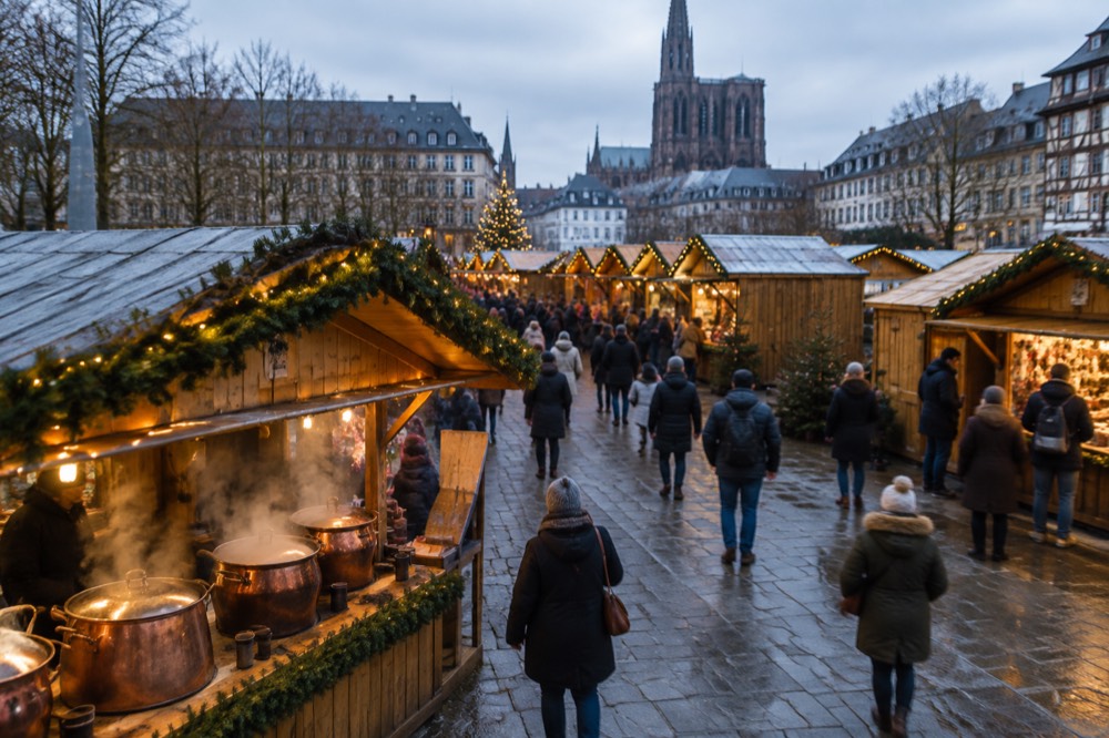 Copper kettles of mulled wine steaming at a Christmas market stall