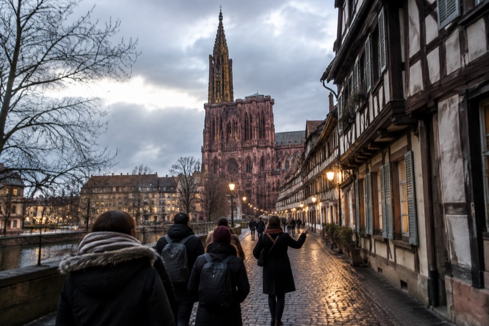 A guide leading a small group along a lit-up Strasbourg street in the evening