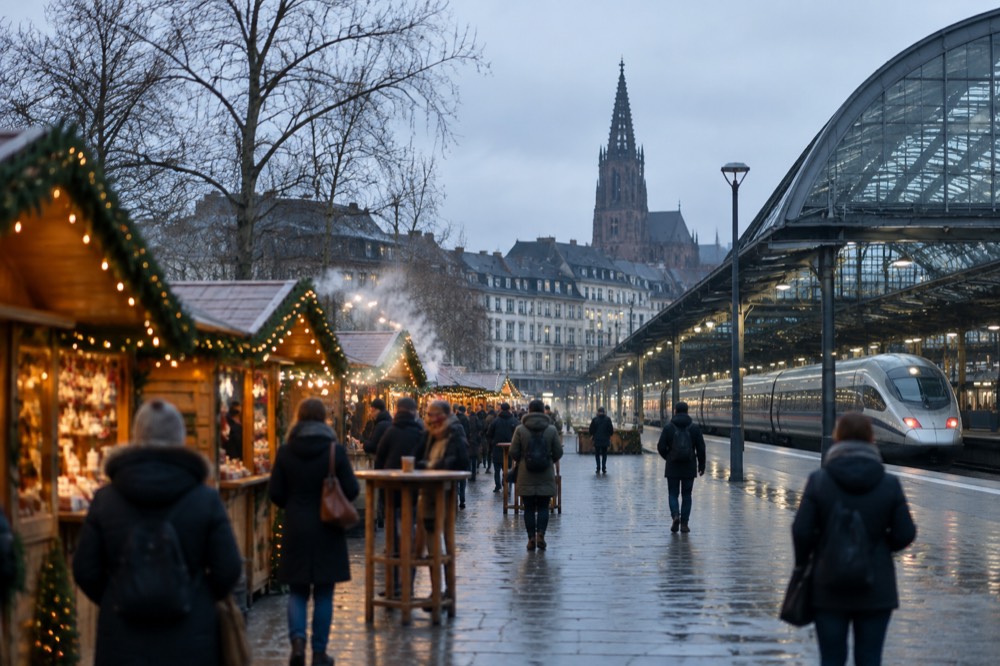 A high-speed train standing at a platform inside a glass-roofed railway station in winter