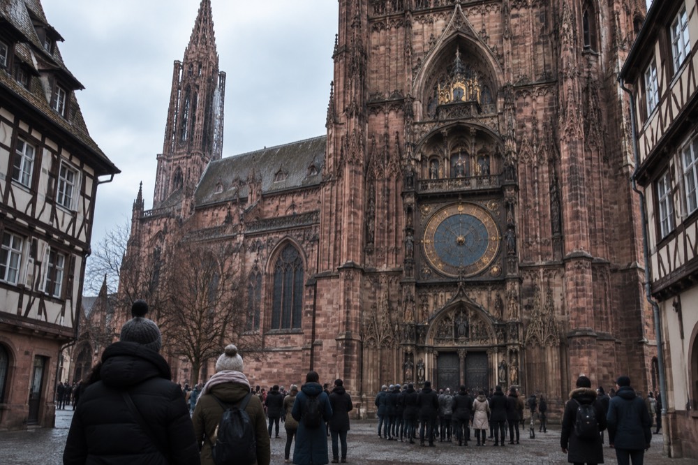 The ornate astronomical clock inside Strasbourg Cathedral with visitors gathered in front of it
