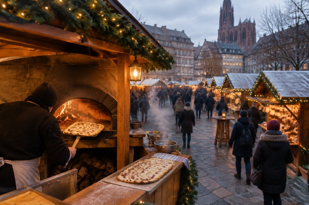 A cook sliding a tarte flambée out of a wood-fired oven at an outdoor market stall