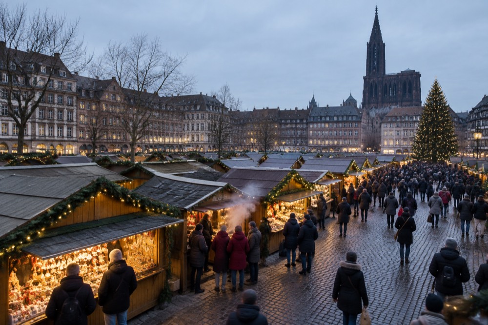 Crowds browsing illuminated market stalls on a cobbled square in the evening