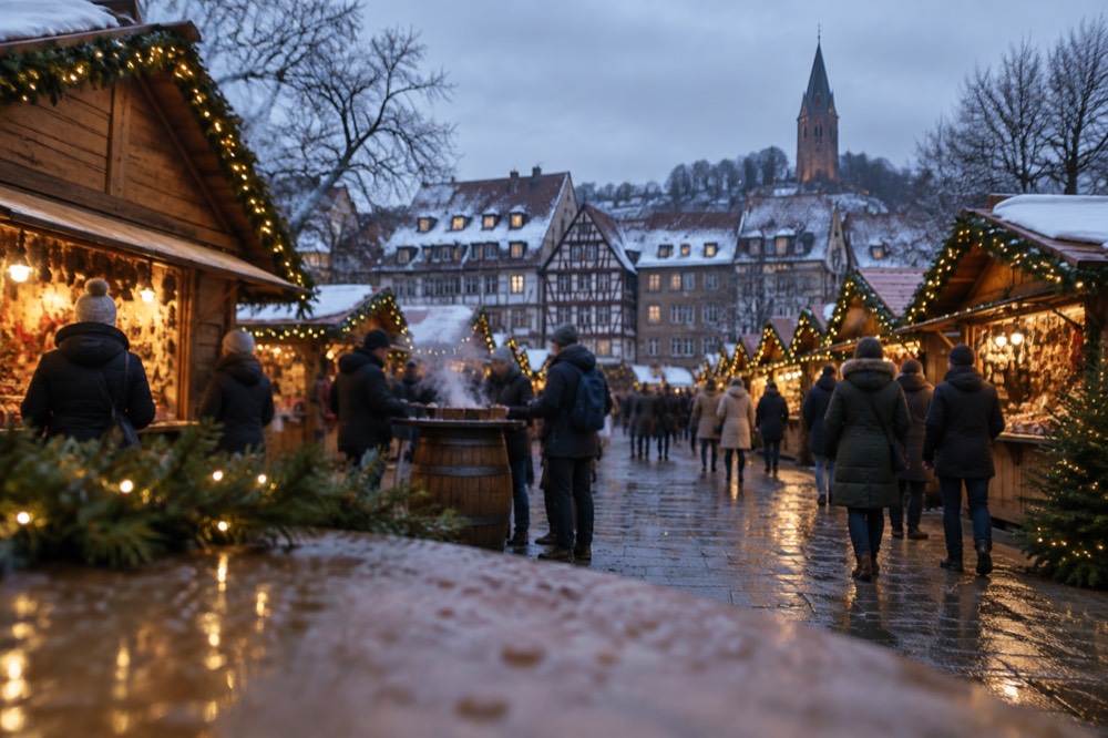 Snow-dusted Alsatian wine village rooftops with a hillside church tower behind