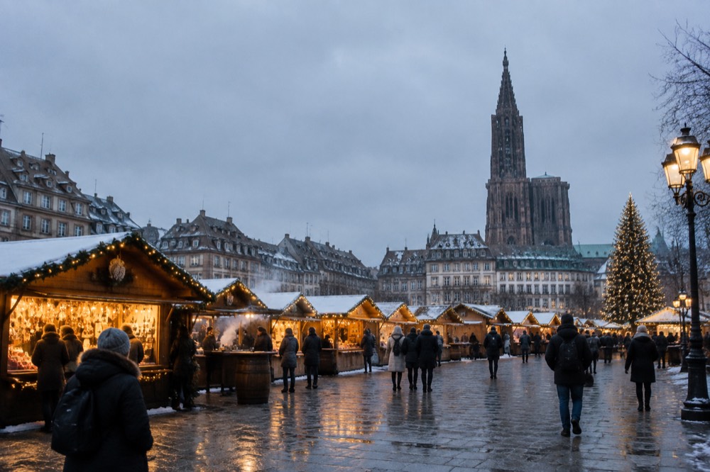 A hotel room window overlooking illuminated Christmas market stalls on a snowy street below