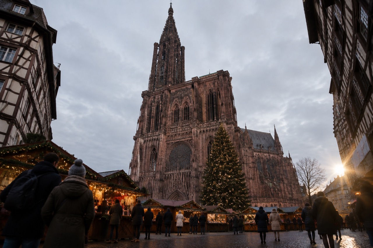 Festive market chalets and a decorated Christmas tree in front of Strasbourg Cathedral at dusk