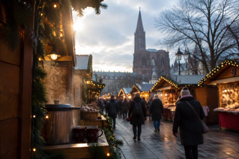 Wooden market chalets with warm lights along a decorated street in the evening