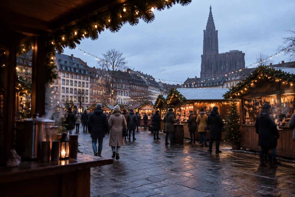Market visitors in winter coats under strings of lights on a cold evening