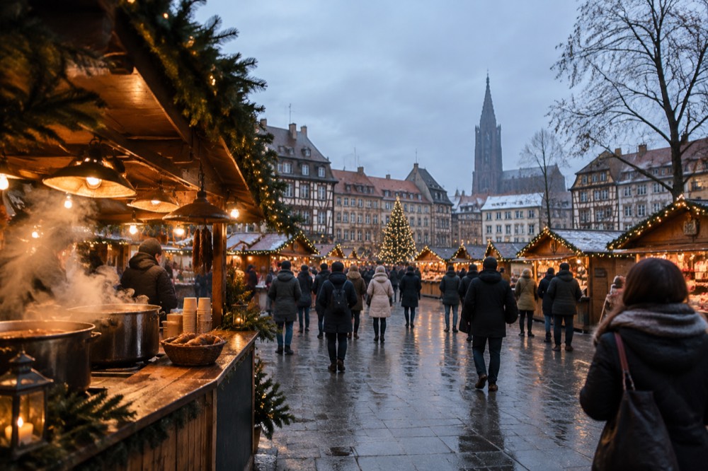 A market stall serving hot regional dishes and mulled wine under warm lights