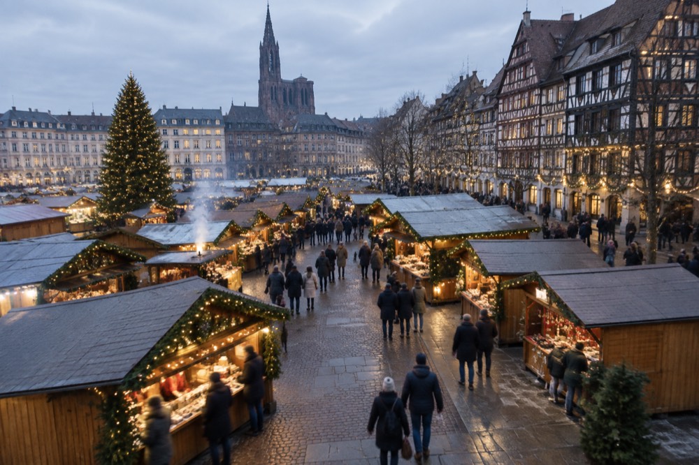 A decorated Alsatian village street with half-timbered houses and Christmas lights