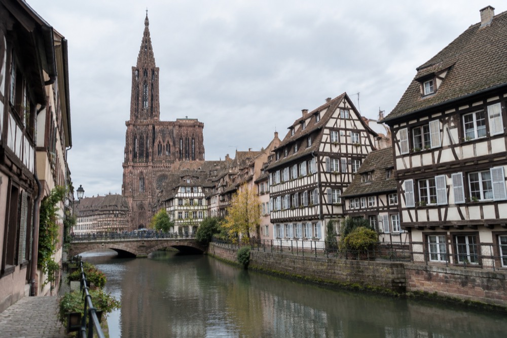 Half-timbered buildings along a canal in Strasbourg city centre