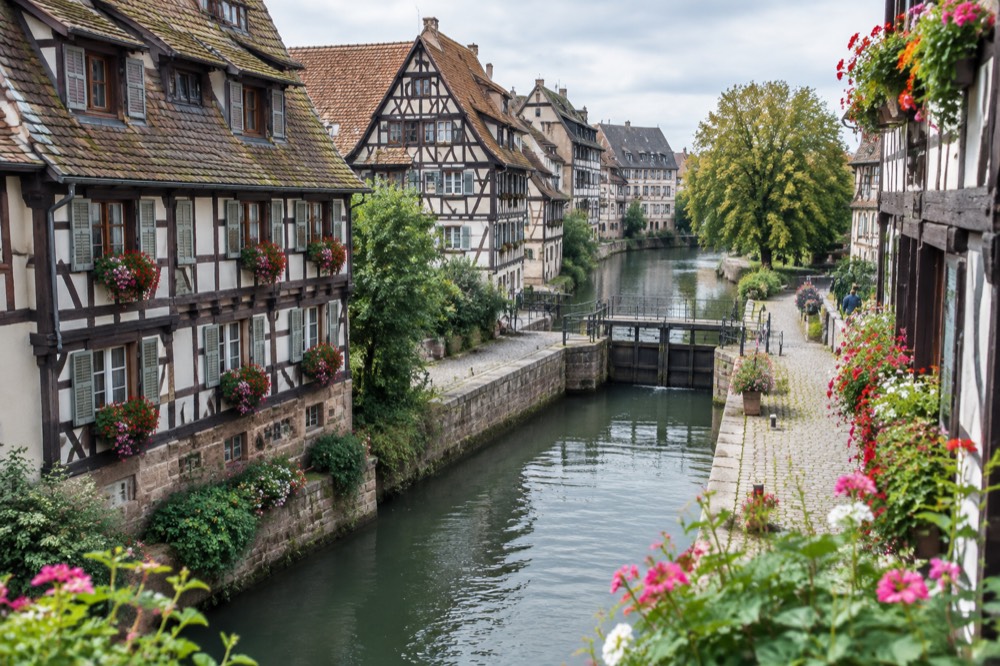 Flowered canal side in the Petite France quarter of Strasbourg