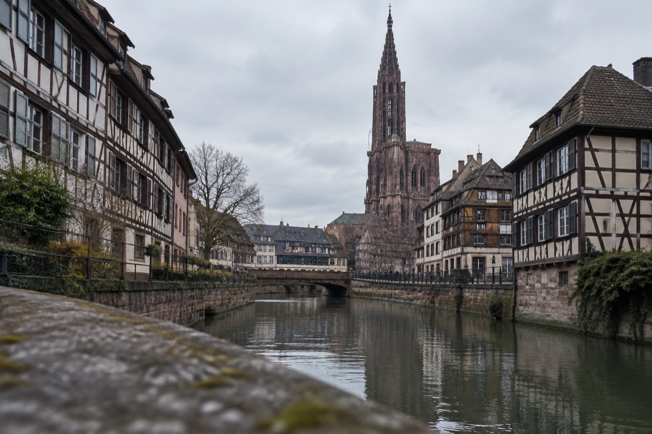 Half-timbered buildings along a canal in Strasbourg city centre