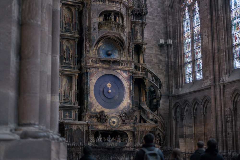 The astronomical clock inside Strasbourg Cathedral with its painted dials and figures
