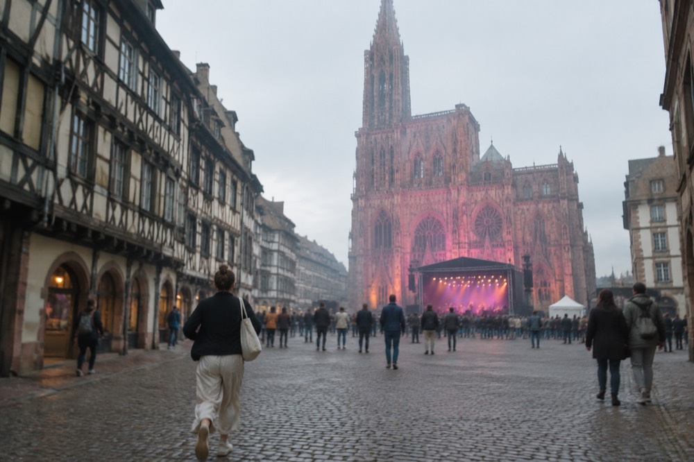 Festival stage lighting against the facade of a stone church in Strasbourg