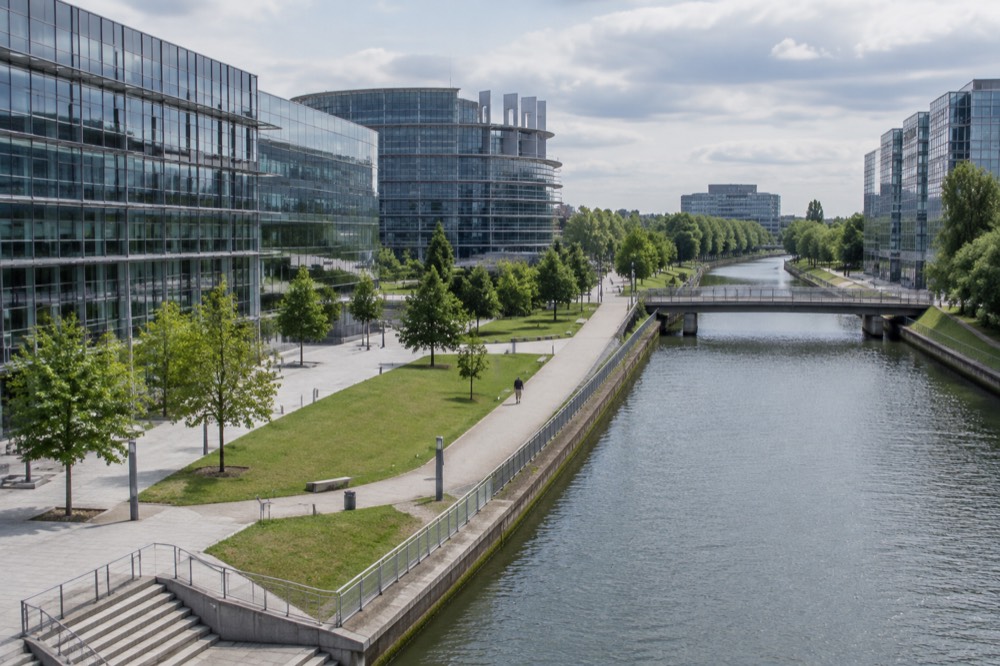Modern glass buildings of the European quarter in Strasbourg beside water