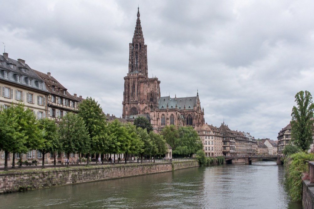 Tree-lined riverbank of the Ill in Strasbourg on a summer day
