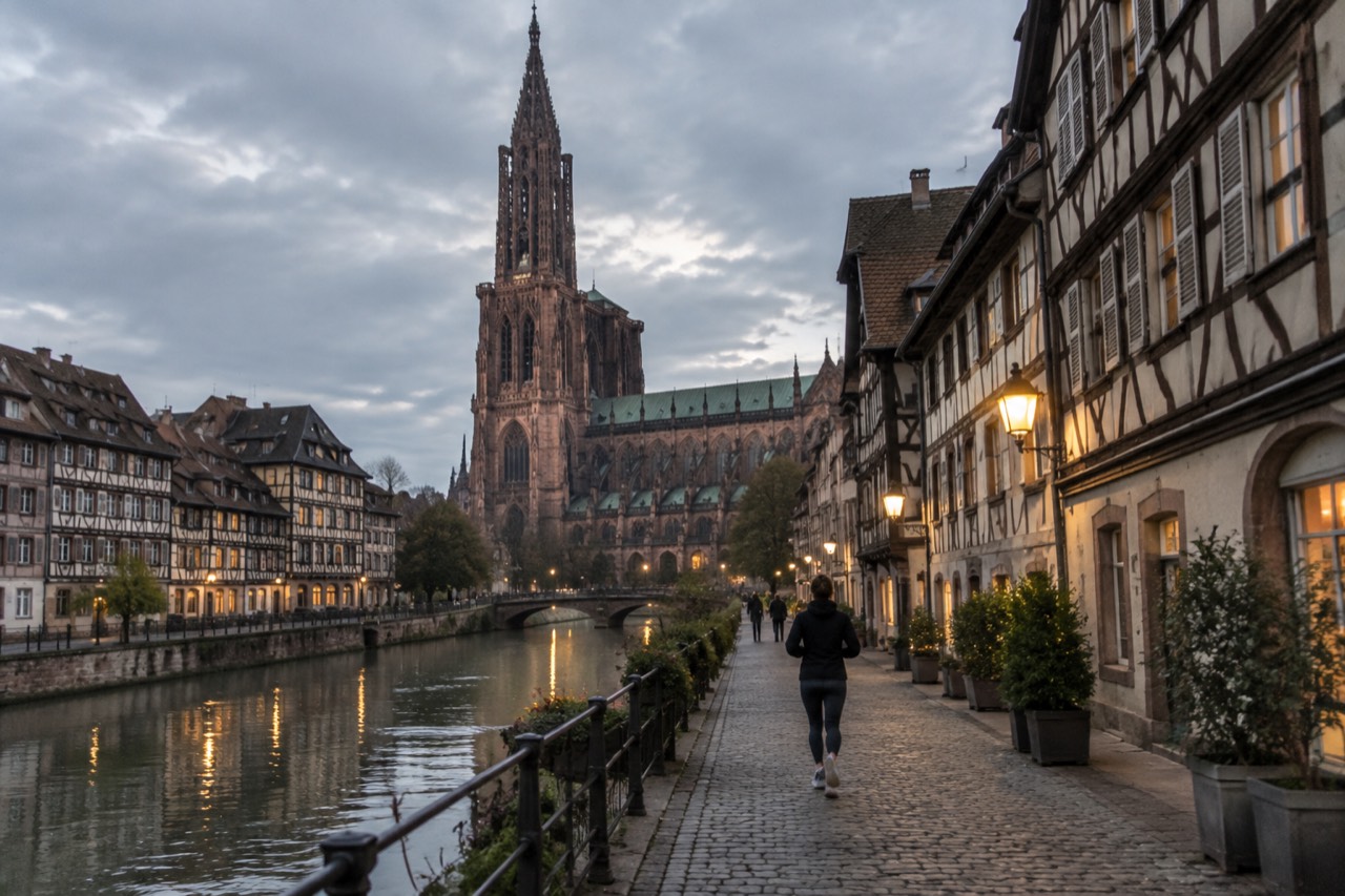 Illuminated half-timbered buildings along a canal in Strasbourg at dusk