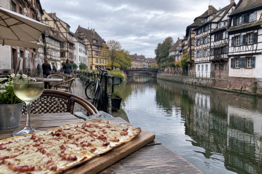 A thin tarte flambee with cream, onions and bacon on a wooden board