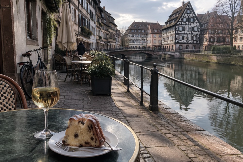 An Alsatian wine glass and a slice of kougelhopf on a café table in an old square