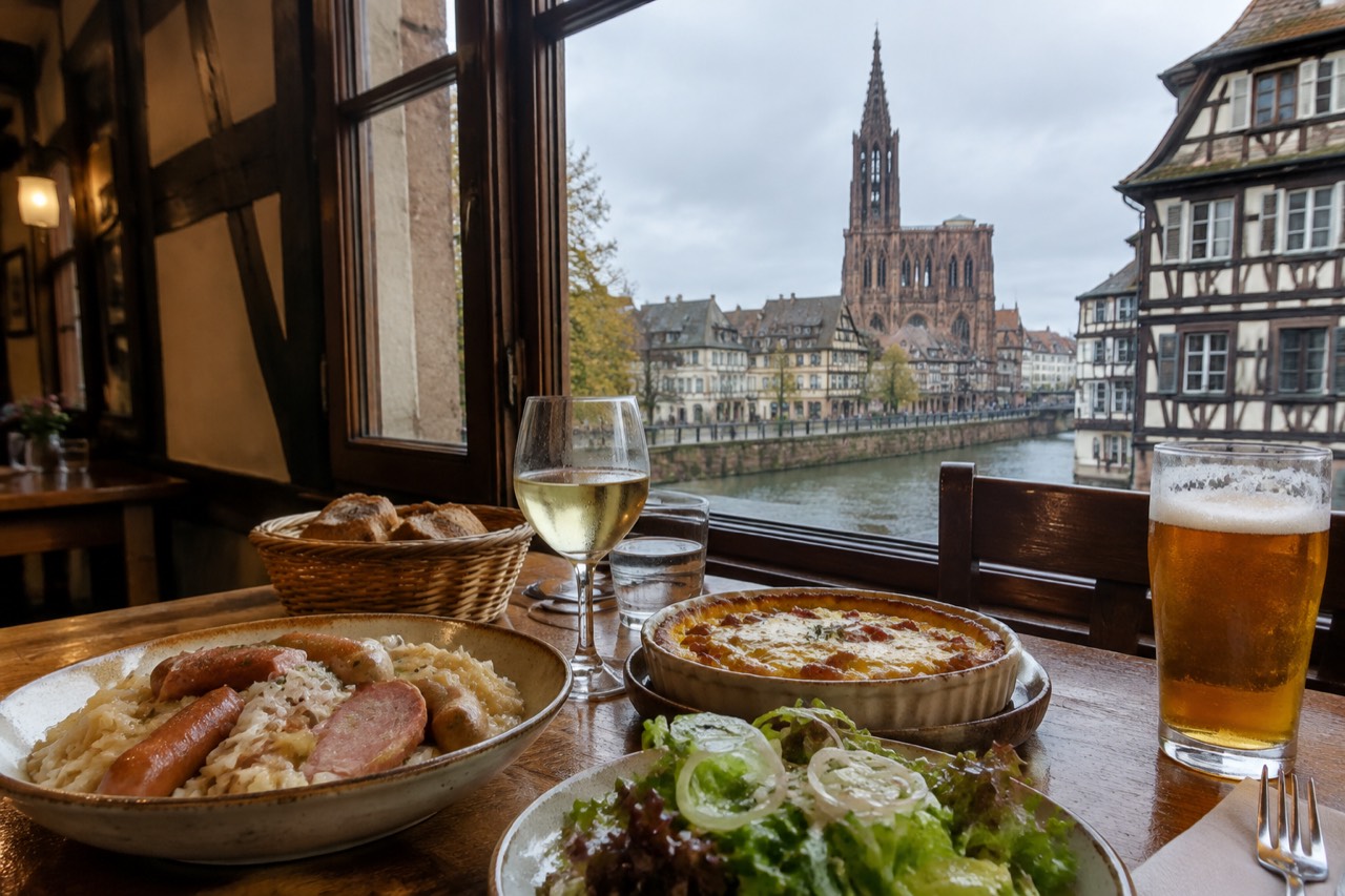 A table spread with Alsatian dishes inside a timber-framed restaurant in Strasbourg