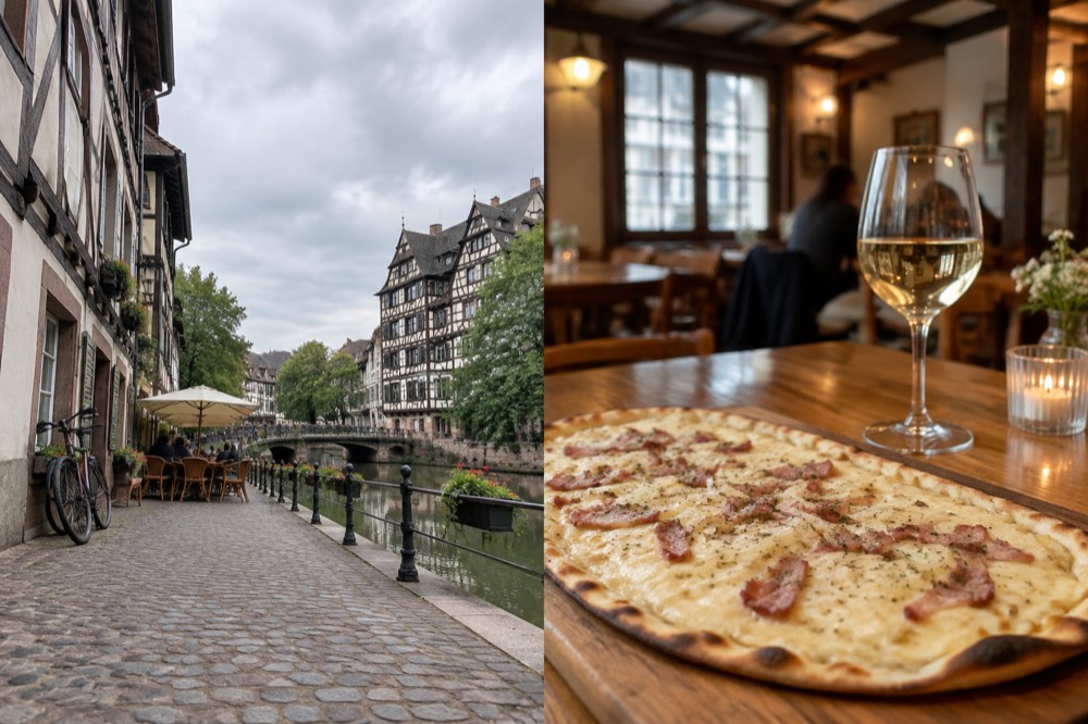 A plate of tarte flambée and a glass of white wine on a wooden table in a warm Alsatian dining room