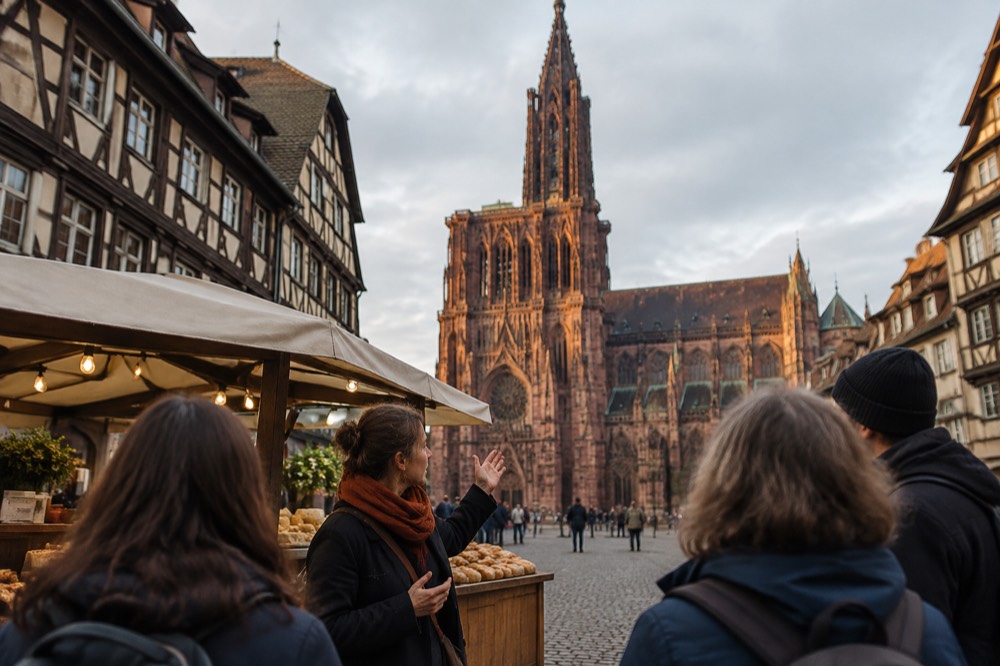 A guide speaking to a small group of visitors at an outdoor food stall in a Strasbourg square
