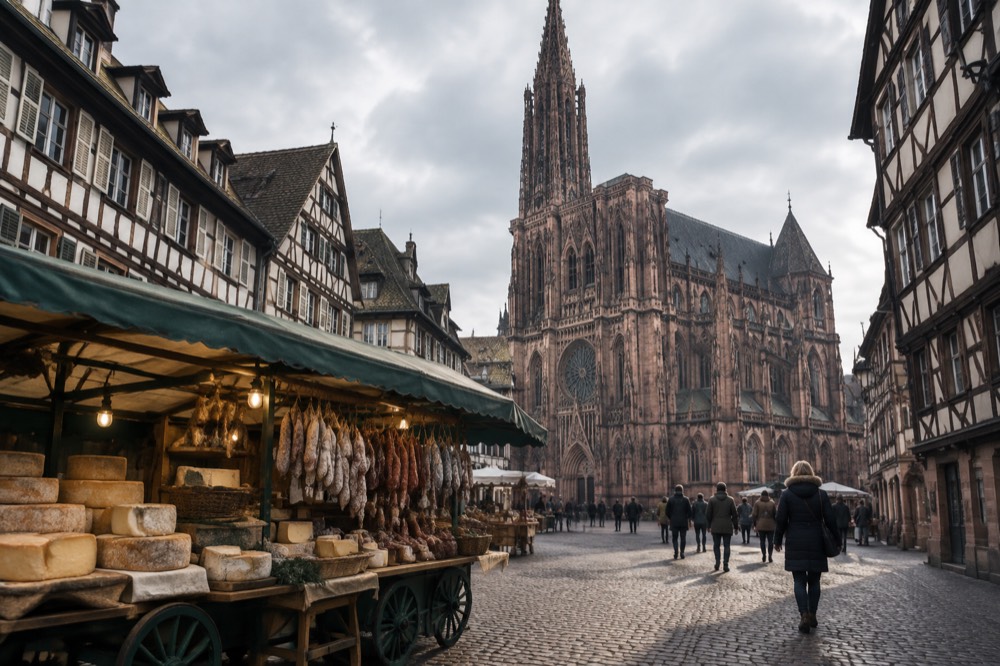 A market stall with wheels of Munster cheese and cured sausages under a Strasbourg market roof